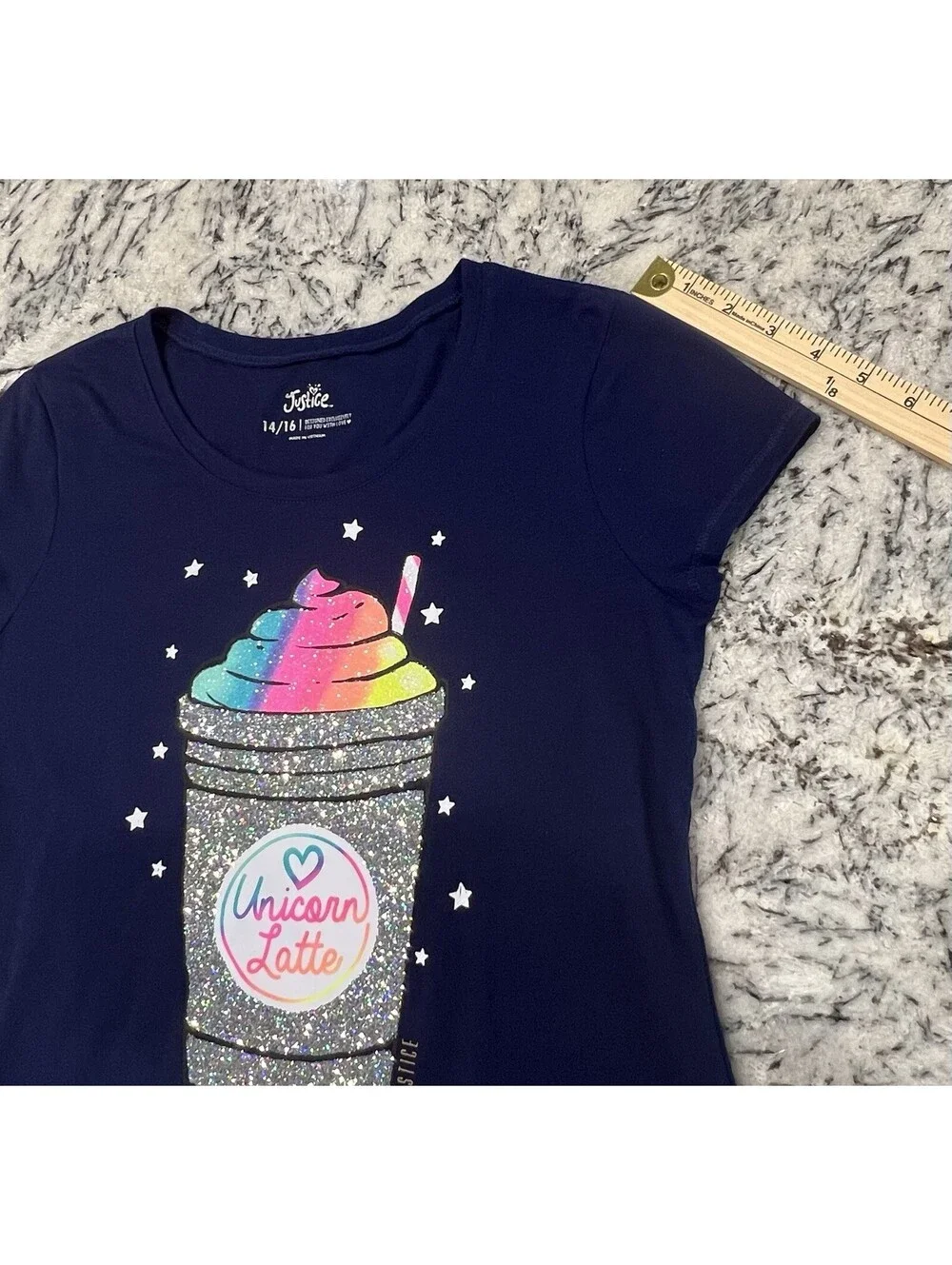 Justice Girls Size 14/16 Navy Sparkly “Unicorn Latte” T-Shirt